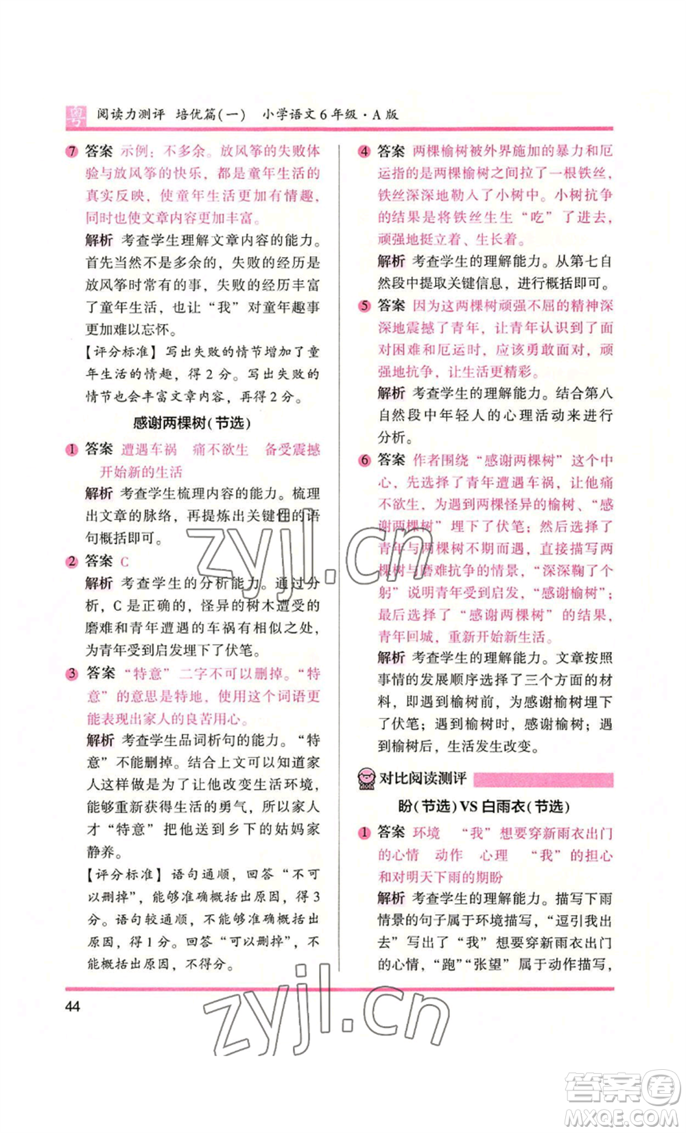 江蘇鳳凰文藝出版社2022木頭馬閱讀力測(cè)評(píng)六年級(jí)語文人教版A本廣東專版參考答案