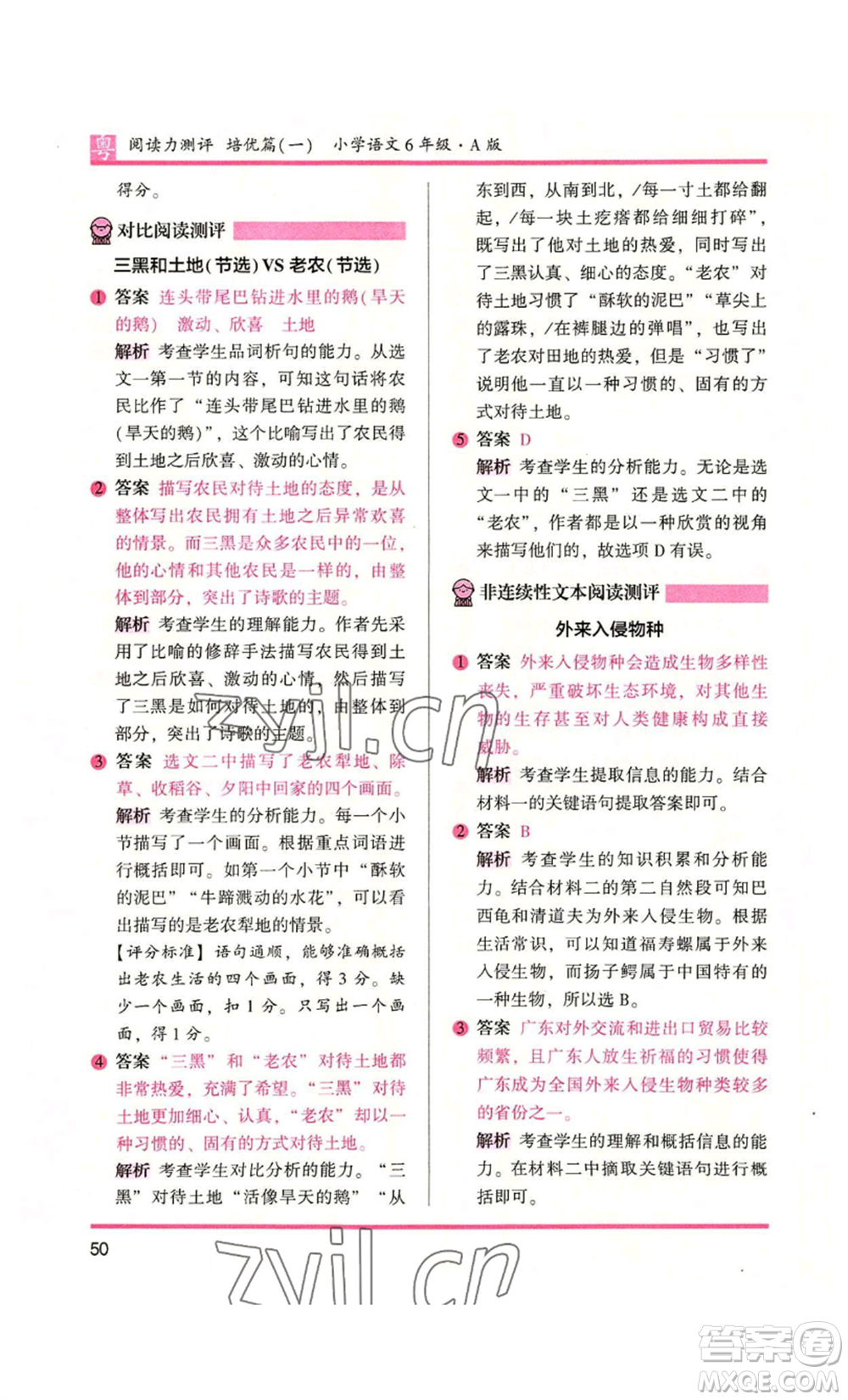 江蘇鳳凰文藝出版社2022木頭馬閱讀力測(cè)評(píng)六年級(jí)語文人教版A本廣東專版參考答案