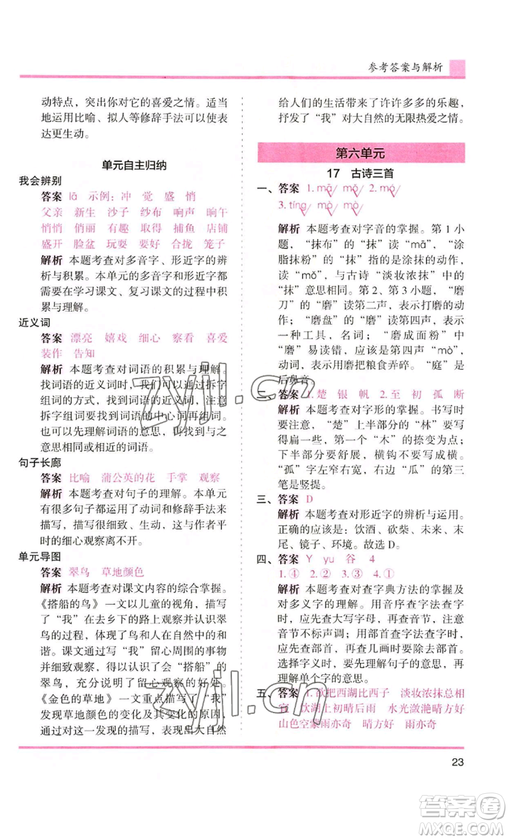 湖南師范大學(xué)出版社2022木頭馬分層課課練三年級(jí)上冊(cè)語(yǔ)文人教版浙江專版參考答案