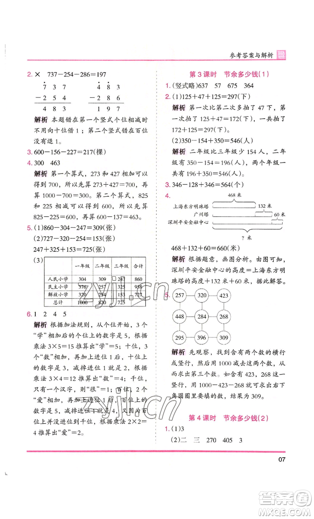 湖南師范大學出版社2022木頭馬分層課課練三年級上冊數(shù)學北師大版參考答案