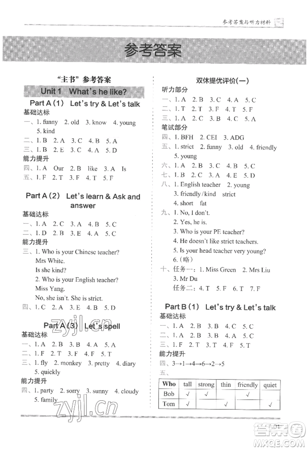 湖南師范大學(xué)出版社2022木頭馬分層課課練五年級(jí)上冊(cè)英語(yǔ)人教版參考答案