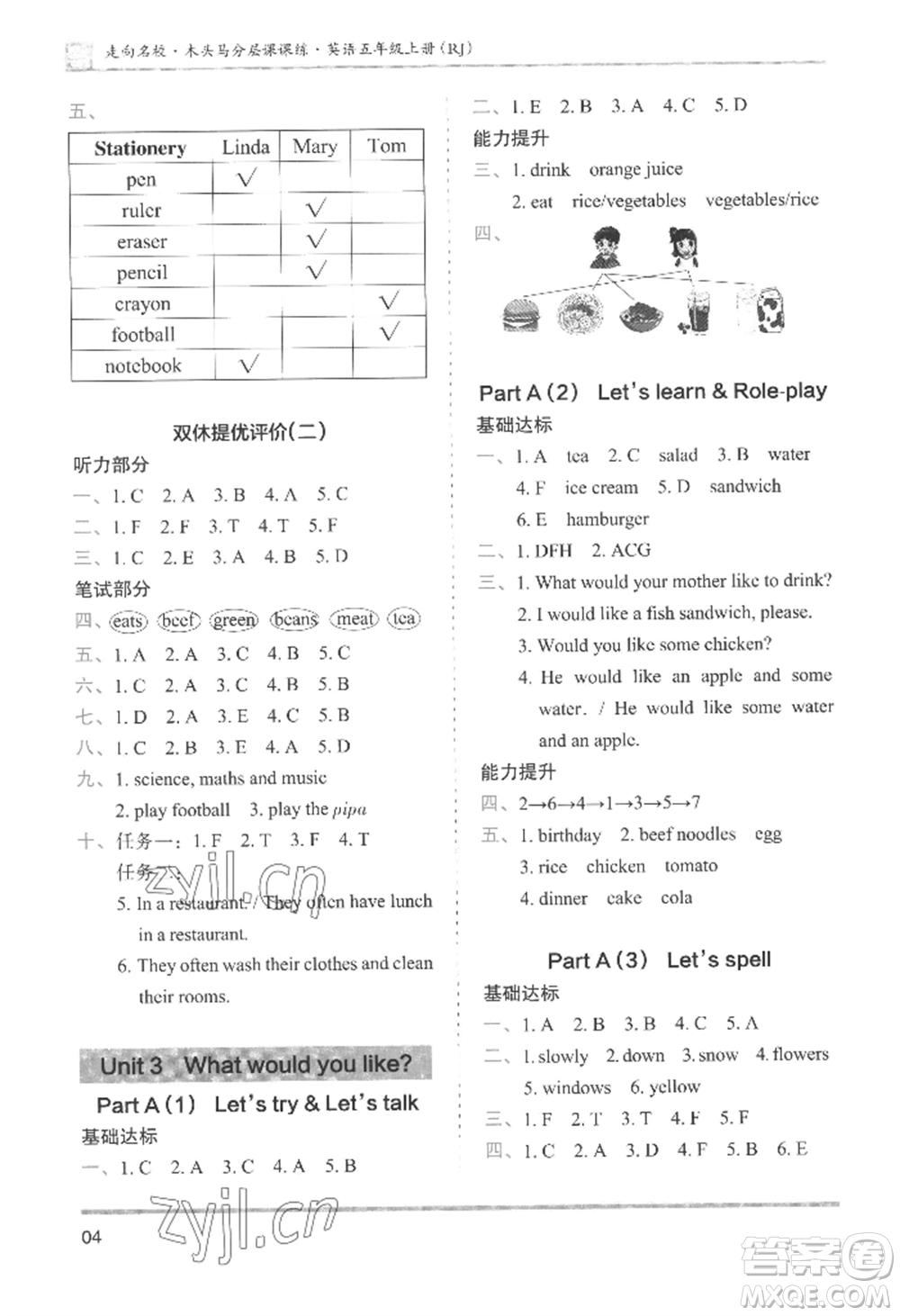 湖南師范大學(xué)出版社2022木頭馬分層課課練五年級(jí)上冊(cè)英語(yǔ)人教版參考答案