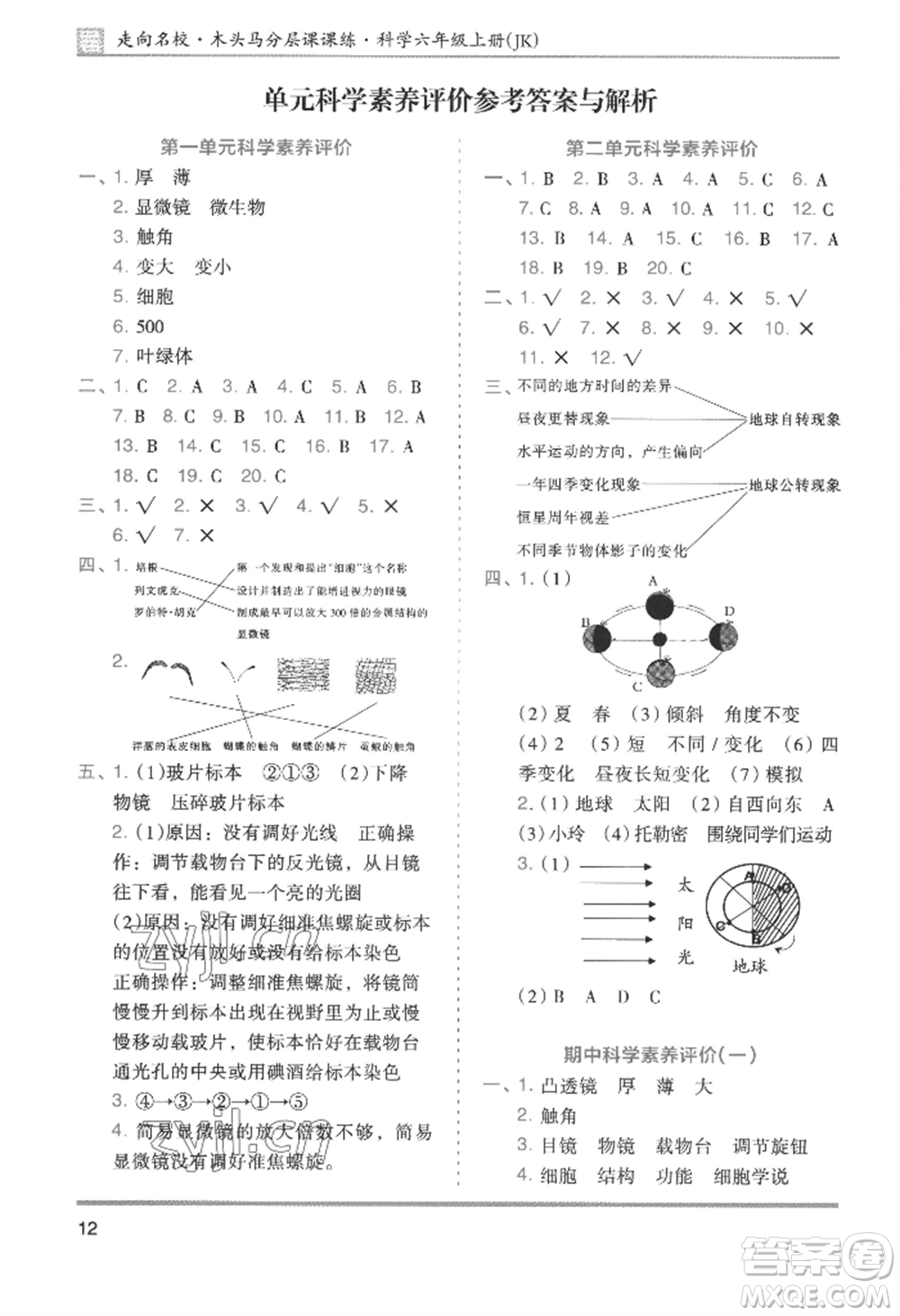 湖南師范大學出版社2022木頭馬分層課課練六年級上冊科學教科版參考答案