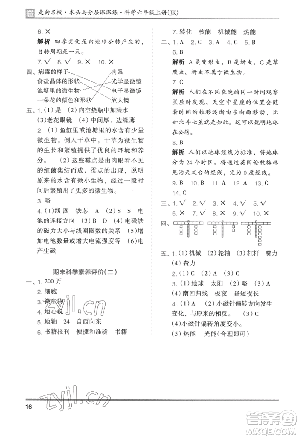 湖南師范大學出版社2022木頭馬分層課課練六年級上冊科學教科版參考答案