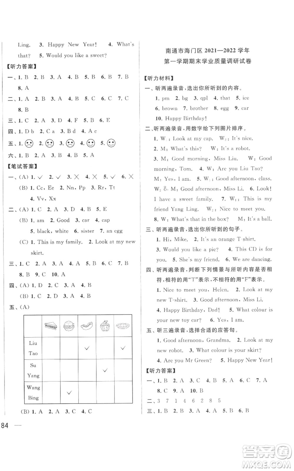 北京教育出版社2022同步跟蹤全程檢測(cè)三年級(jí)上冊(cè)英語譯林版參考答案