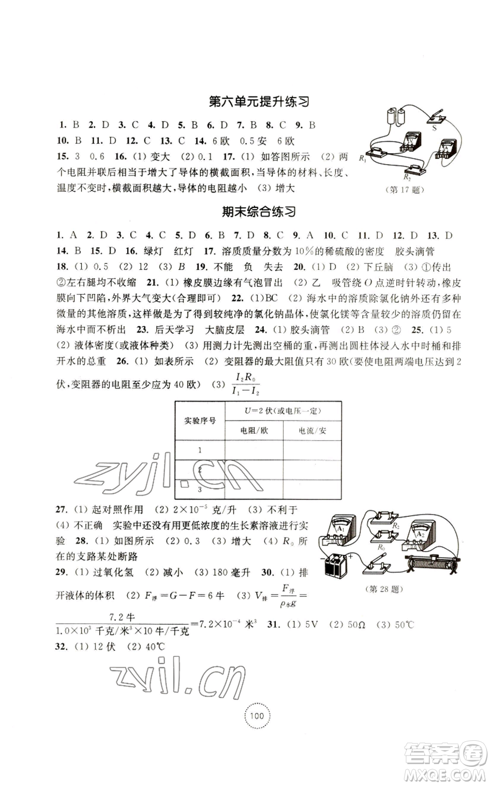 浙江教育出版社2022單元學(xué)習(xí)指導(dǎo)與練習(xí)八年級上冊科學(xué)人教版參考答案