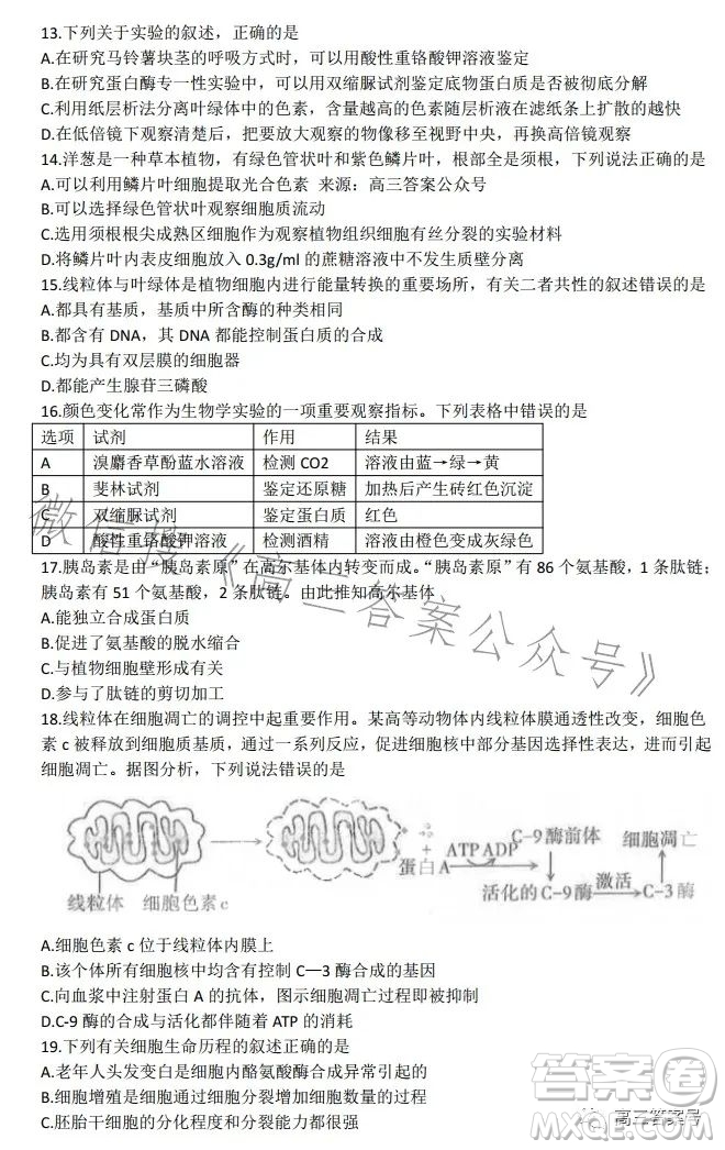 太原2022-2023學(xué)年第一學(xué)期高三年級(jí)期中質(zhì)量監(jiān)測(cè)生物試卷答案