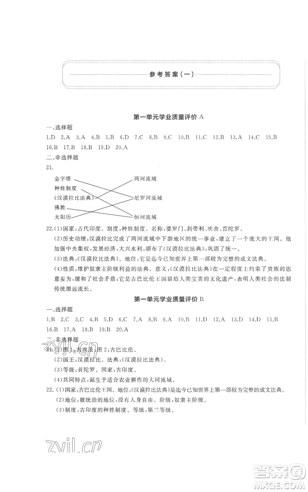 山東友誼出版社2022精練課堂分層作業(yè)九年級上冊世界歷史人教版參考答案