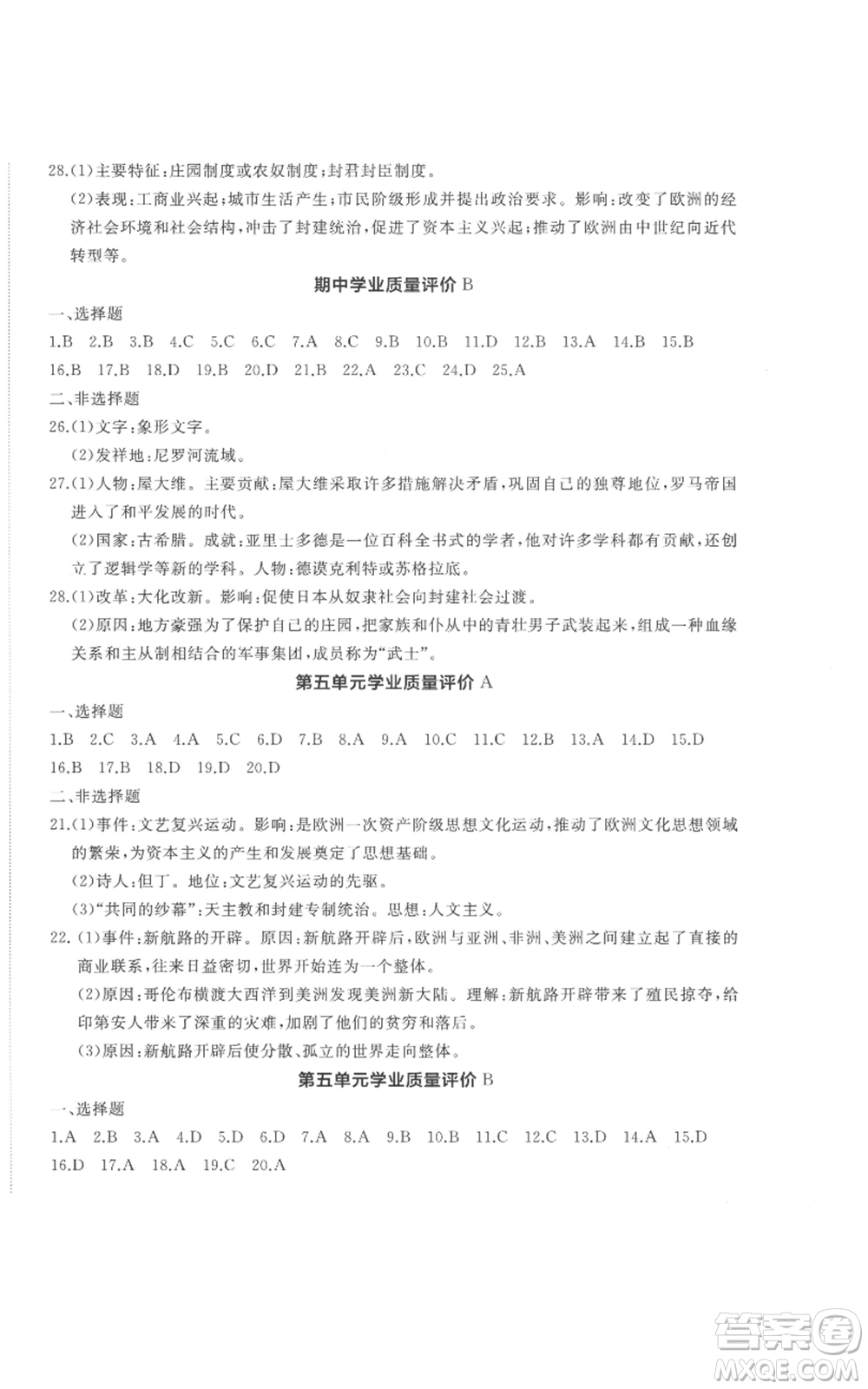 山東友誼出版社2022精練課堂分層作業(yè)九年級上冊世界歷史人教版參考答案