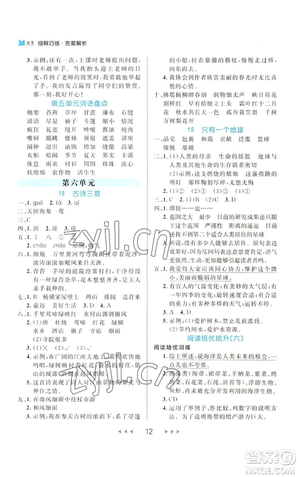 延邊大學(xué)出版社2022細解巧練六年級上冊語文部編版參考答案