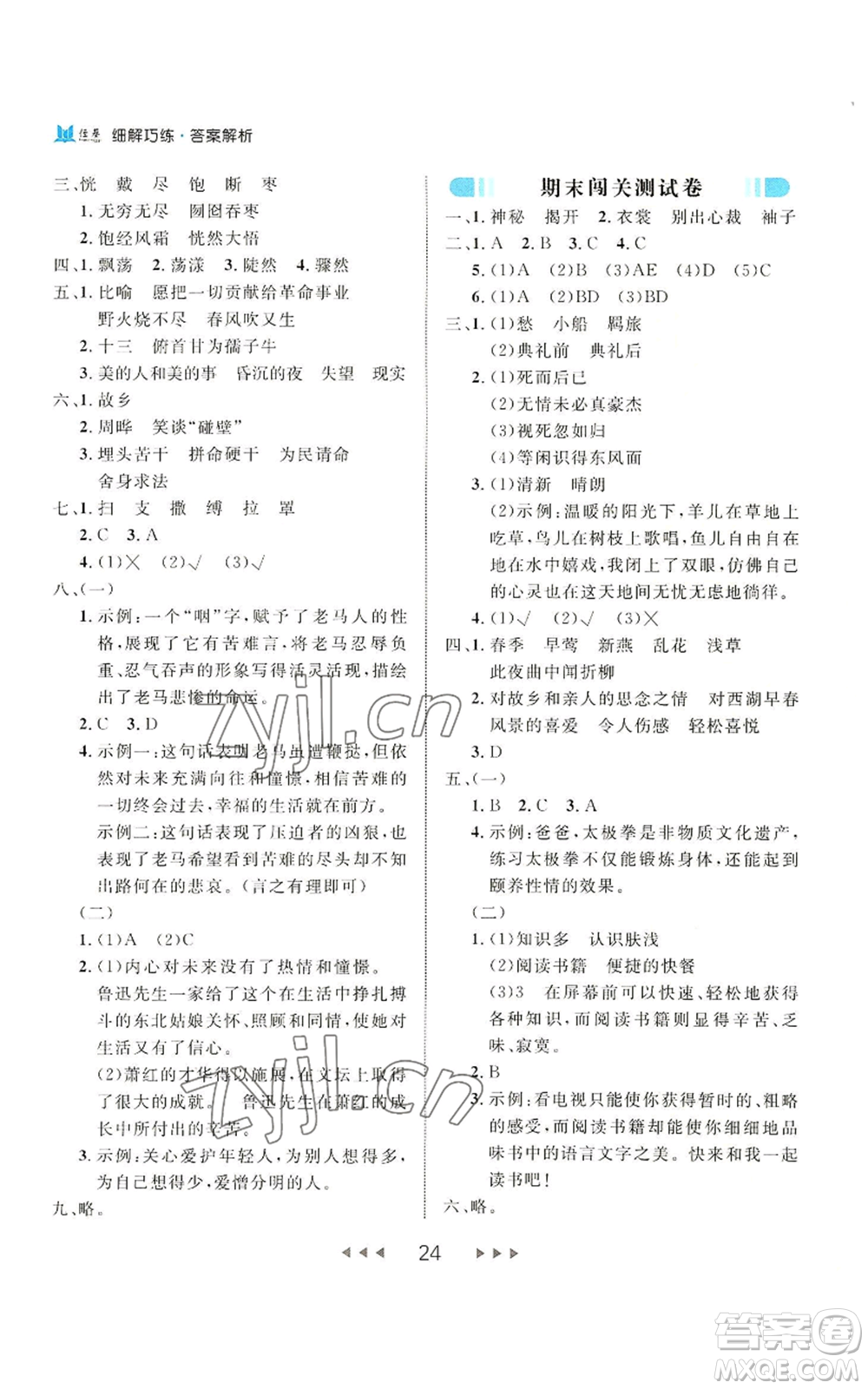 延邊大學(xué)出版社2022細解巧練六年級上冊語文部編版參考答案