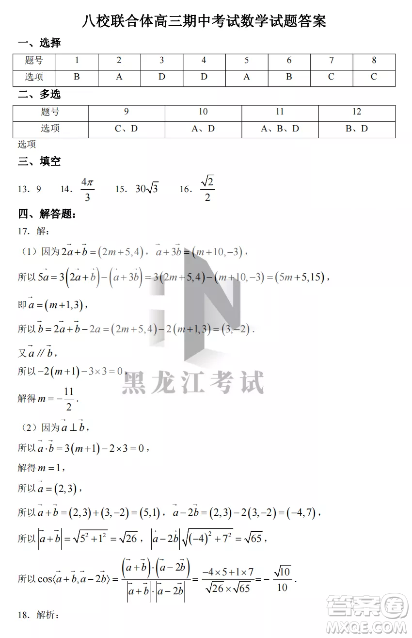 2022-2023齊齊哈爾市八校聯(lián)合體高三上學(xué)期數(shù)學(xué)期中試卷答案