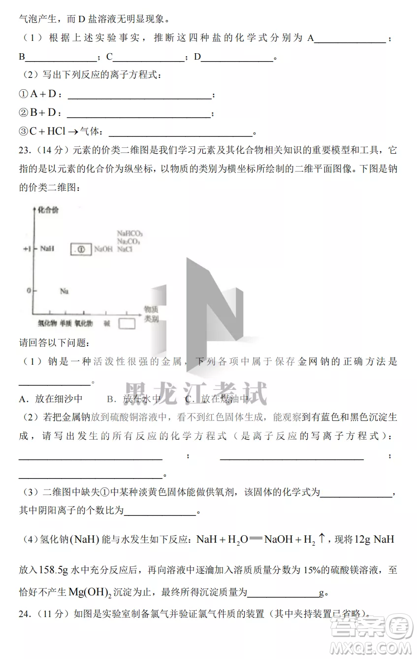 2022-2023齊齊哈爾市八校聯(lián)合體高一上學(xué)期化學(xué)期中試卷答案