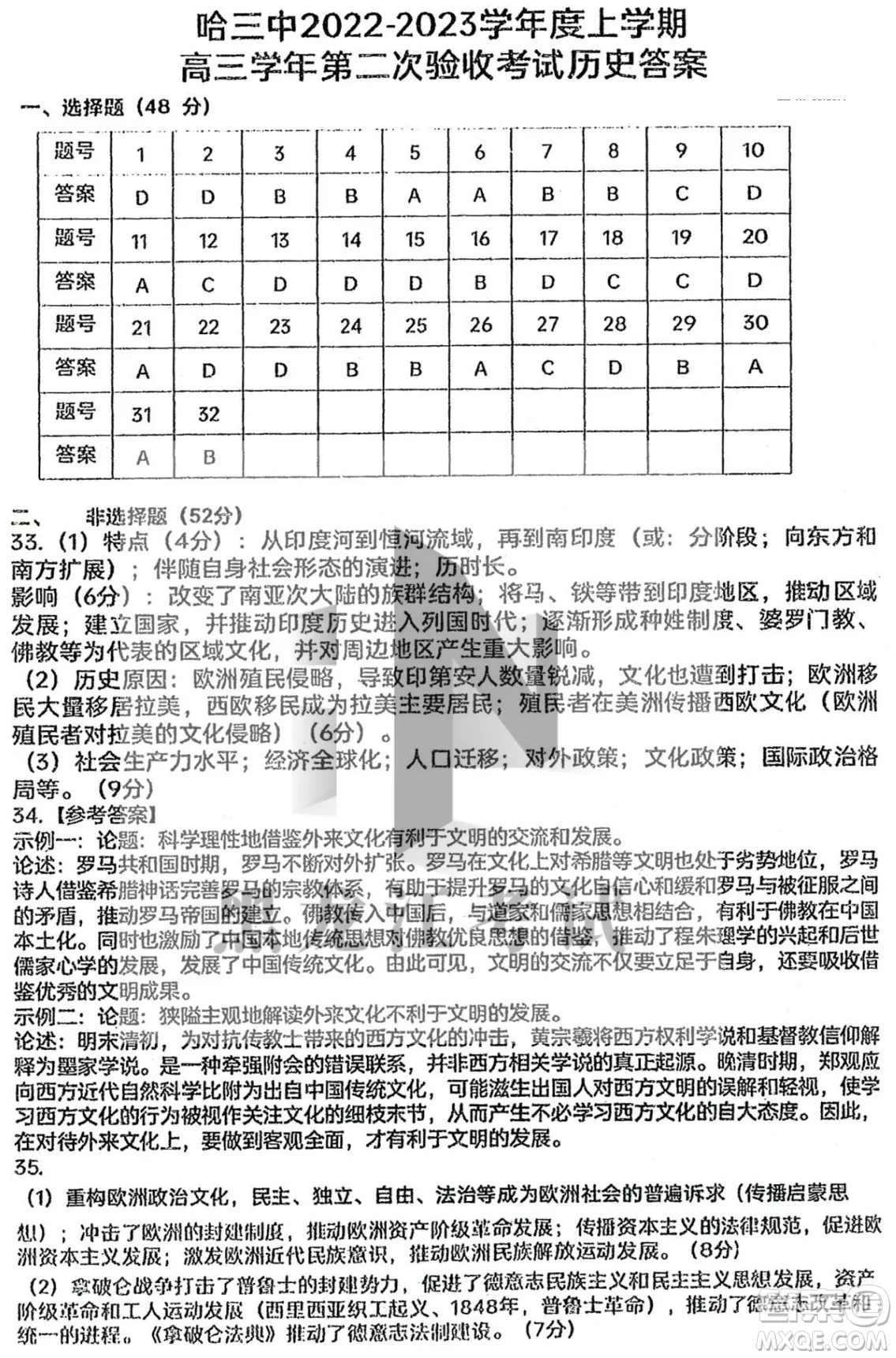 哈三中2022-2023學(xué)年度上學(xué)期高三學(xué)年第二次驗(yàn)收考試歷史試卷答案