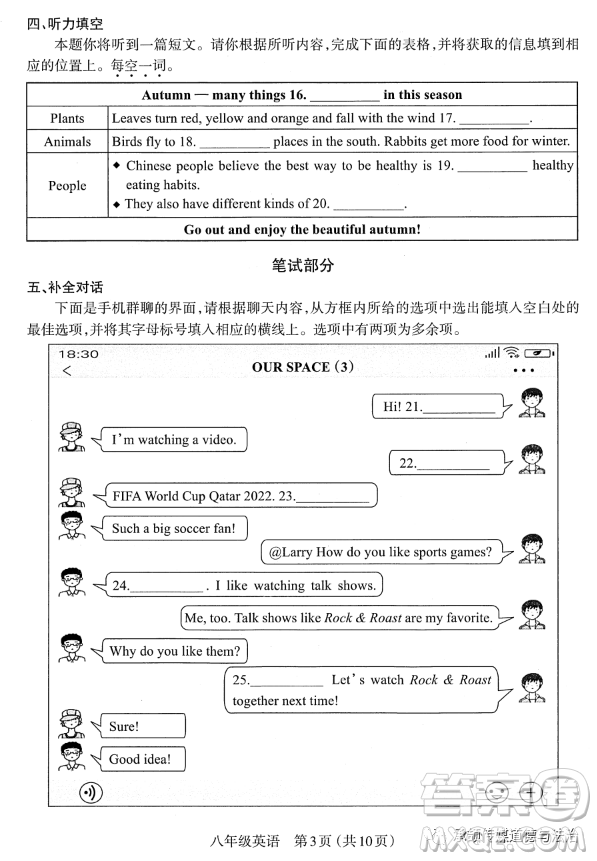 太原市2022-2023學(xué)年第一學(xué)期八年級(jí)期中質(zhì)量檢測(cè)英語試卷答案