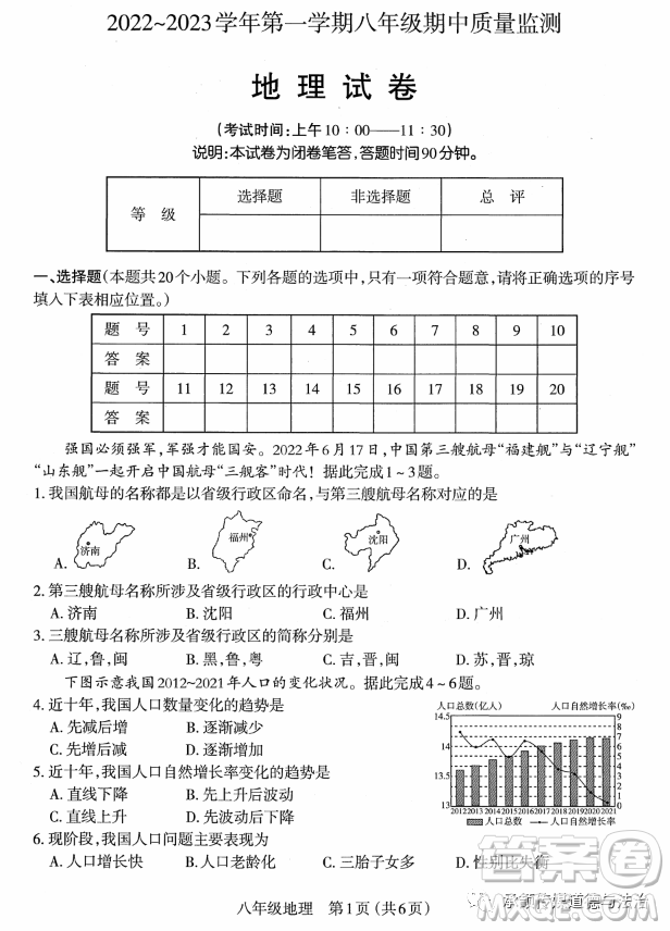 太原市2022-2023學(xué)年第一學(xué)期八年級期中質(zhì)量檢測地理試卷答案