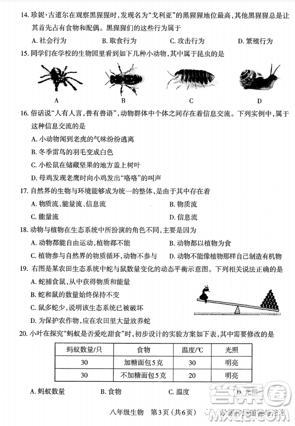 太原市2022-2023學(xué)年第一學(xué)期八年級(jí)期中質(zhì)量檢測(cè)生物學(xué)試卷答案