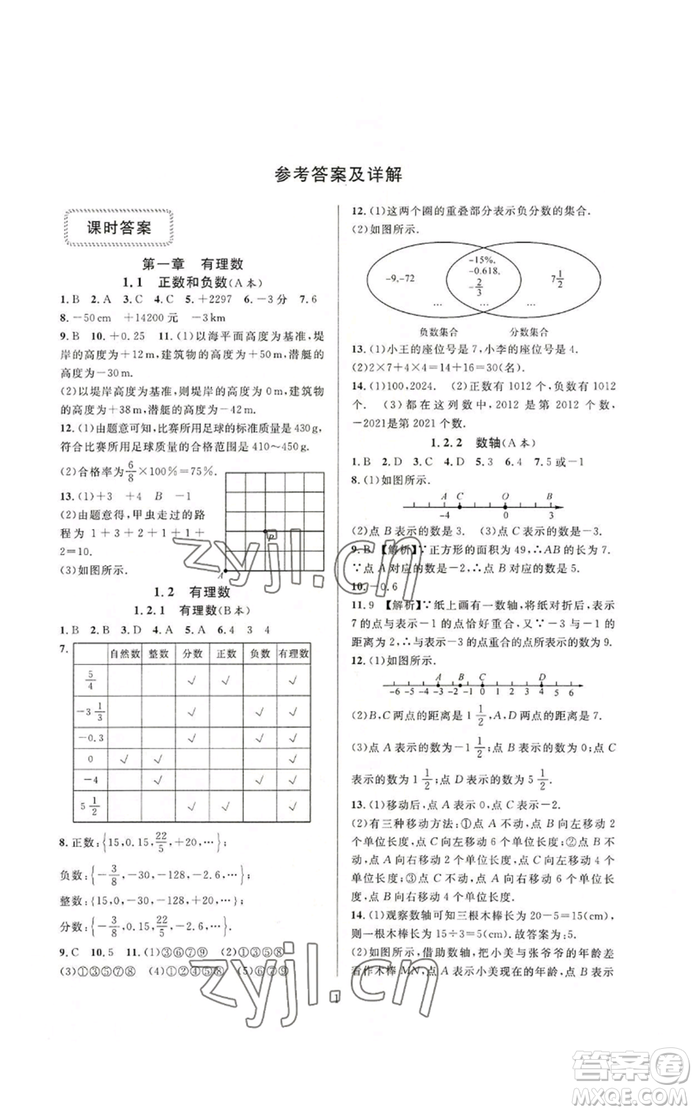 浙江教育出版社2022全優(yōu)新同步七年級上冊數(shù)學(xué)人教版A本參考答案