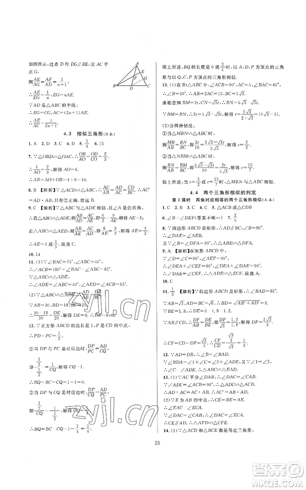 浙江教育出版社2022全優(yōu)新同步九年級數(shù)學(xué)浙教版A本參考答案