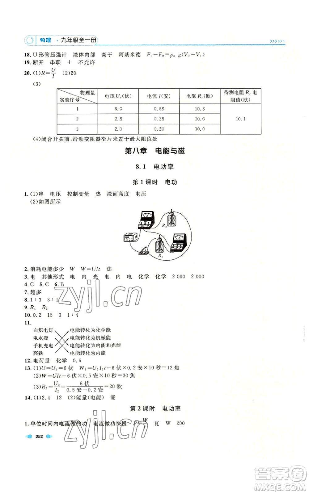 天津人民出版社2022上海作業(yè)九年級物理通用版參考答案