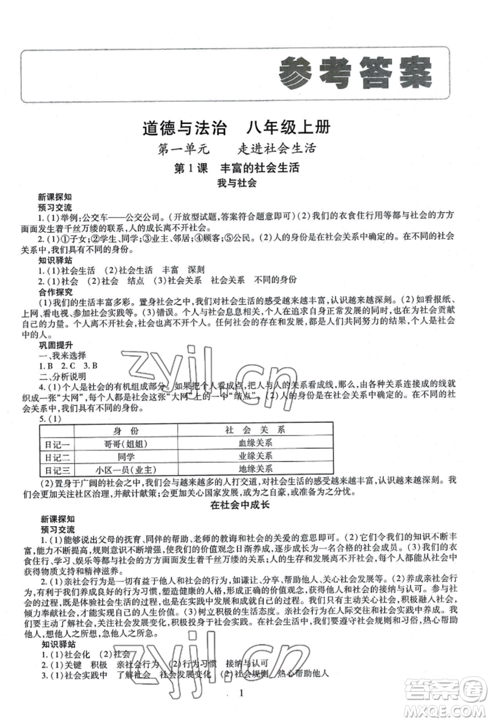 明天出版社2022智慧學(xué)習(xí)導(dǎo)學(xué)練八年級(jí)上冊(cè)道德與法治人教版參考答案