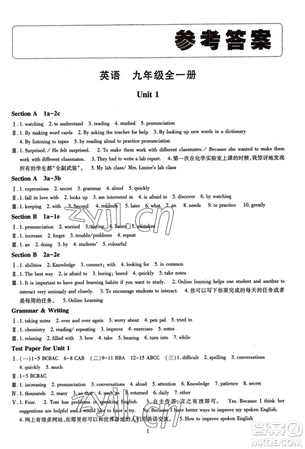 明天出版社2022智慧學(xué)習(xí)導(dǎo)學(xué)練九年級(jí)英語人教版參考答案