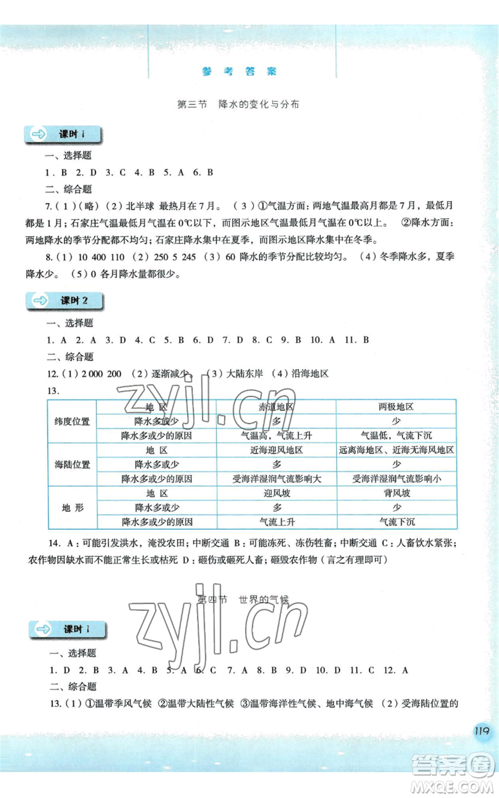 河北人民出版社2022同步訓(xùn)練七年級(jí)上冊(cè)地理人教版參考答案