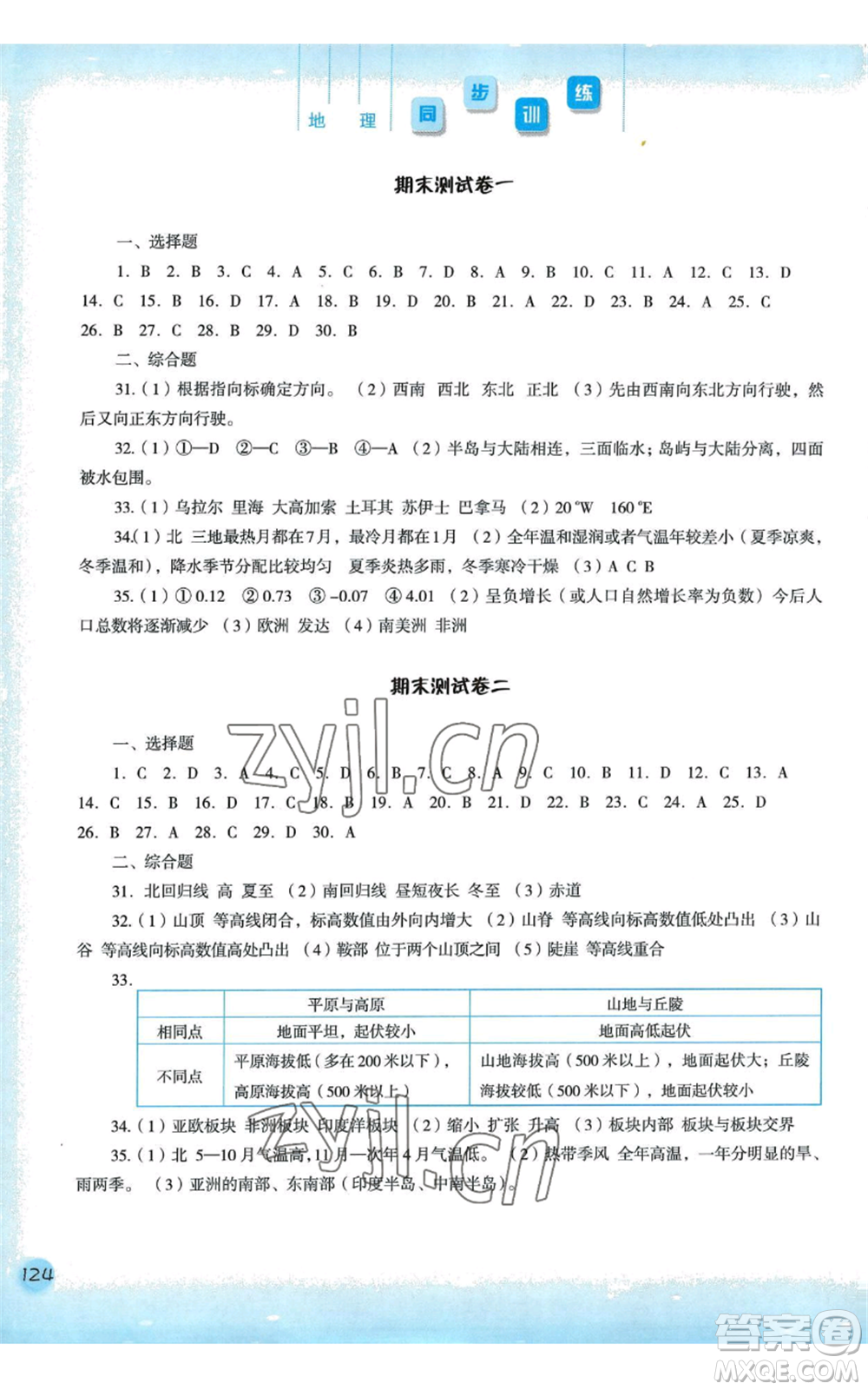 河北人民出版社2022同步訓(xùn)練七年級(jí)上冊(cè)地理人教版參考答案