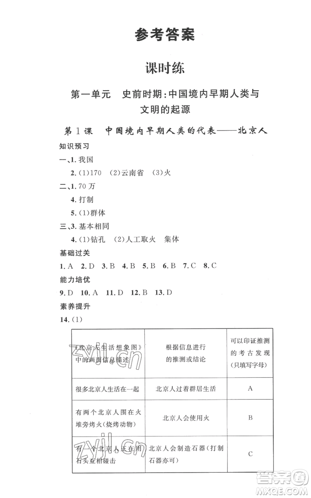 安徽人民出版社2022思路教練同步課時作業(yè)七年級上冊歷史人教版參考答案