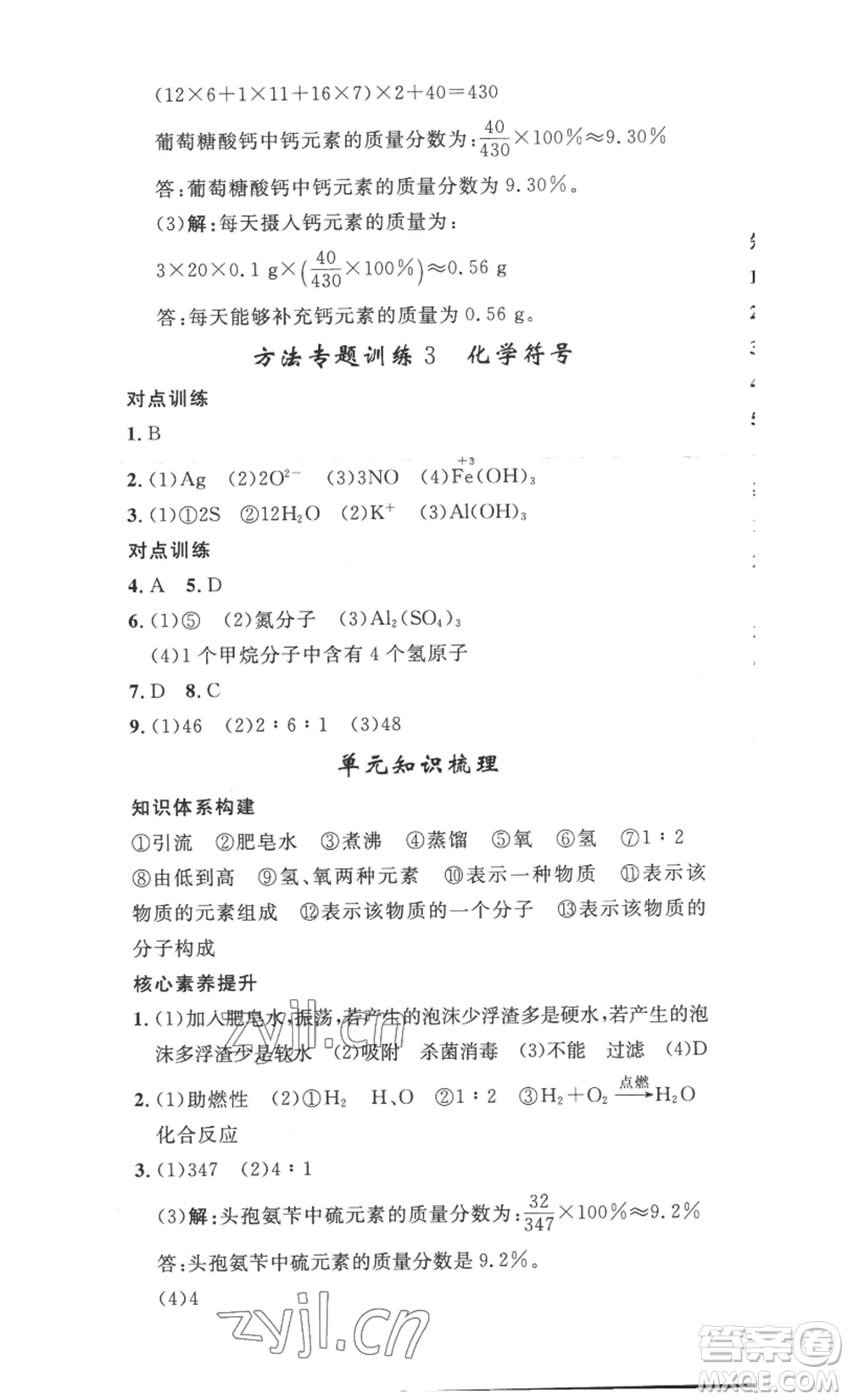 安徽人民出版社2022思路教練同步課時作業(yè)九年級化學人教版參考答案