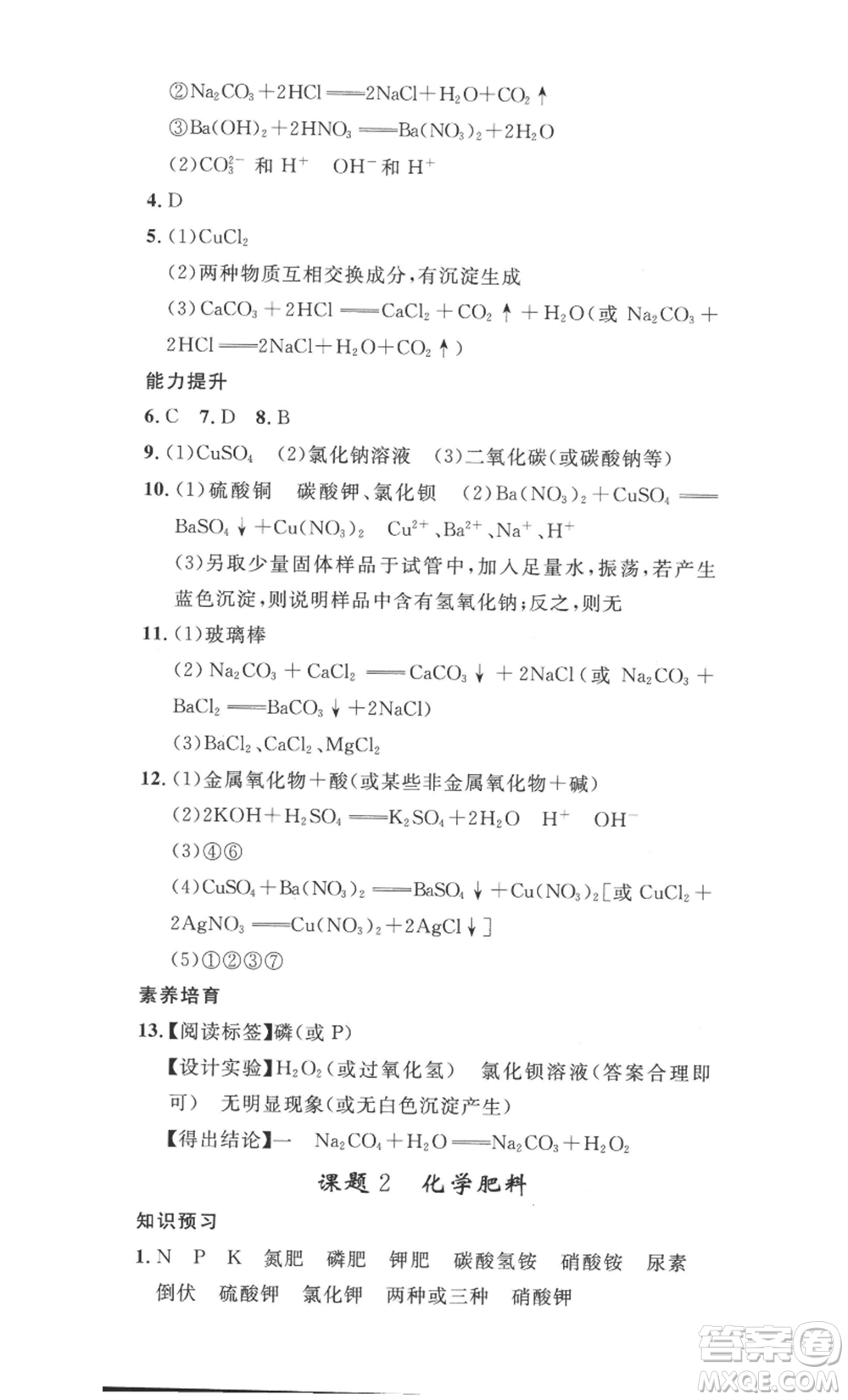 安徽人民出版社2022思路教練同步課時作業(yè)九年級化學人教版參考答案