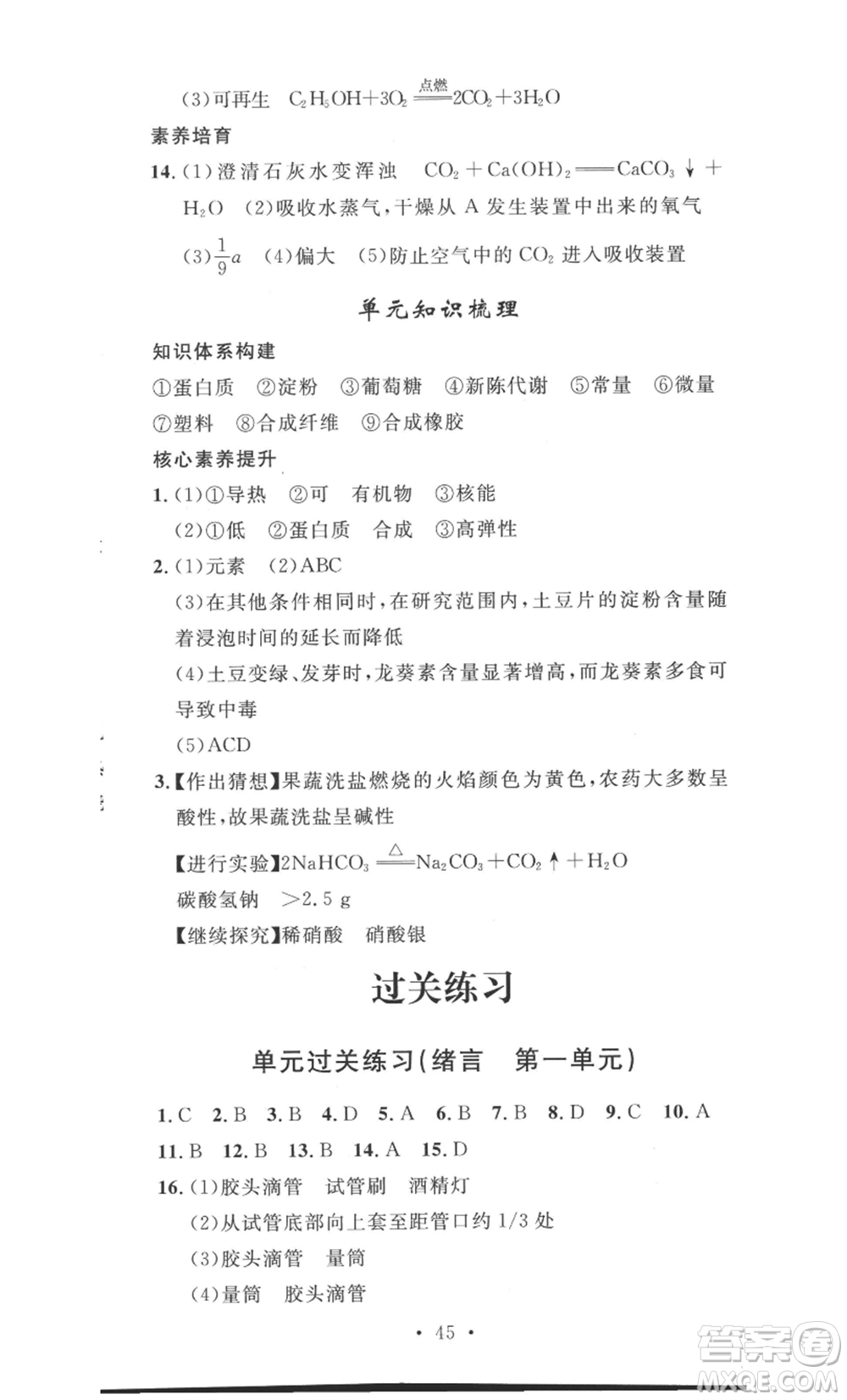 安徽人民出版社2022思路教練同步課時作業(yè)九年級化學人教版參考答案