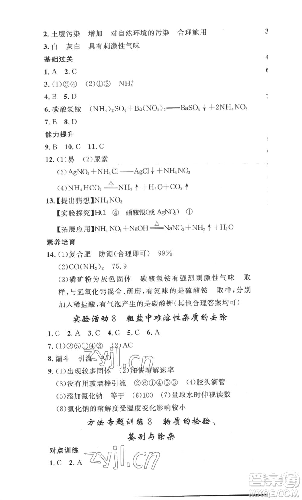 安徽人民出版社2022思路教練同步課時作業(yè)九年級化學人教版參考答案