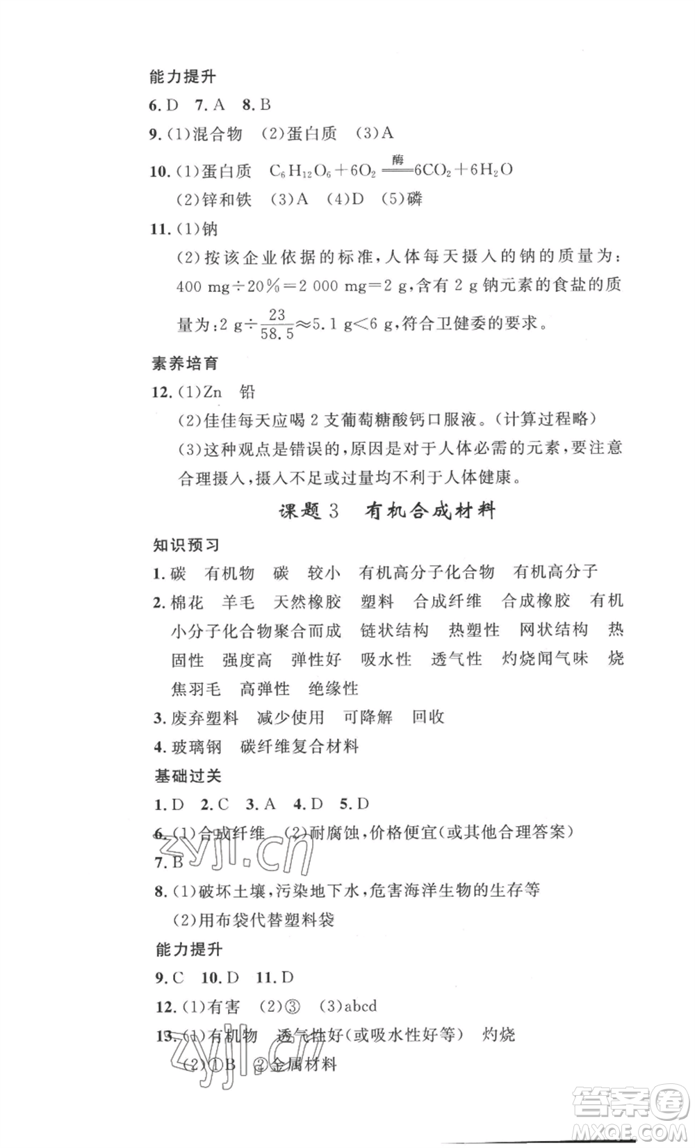 安徽人民出版社2022思路教練同步課時作業(yè)九年級化學人教版參考答案