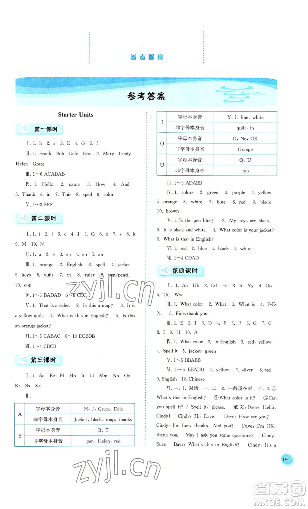 河北人民出版社2022同步訓(xùn)練七年級(jí)上冊(cè)英語(yǔ)人教版參考答案