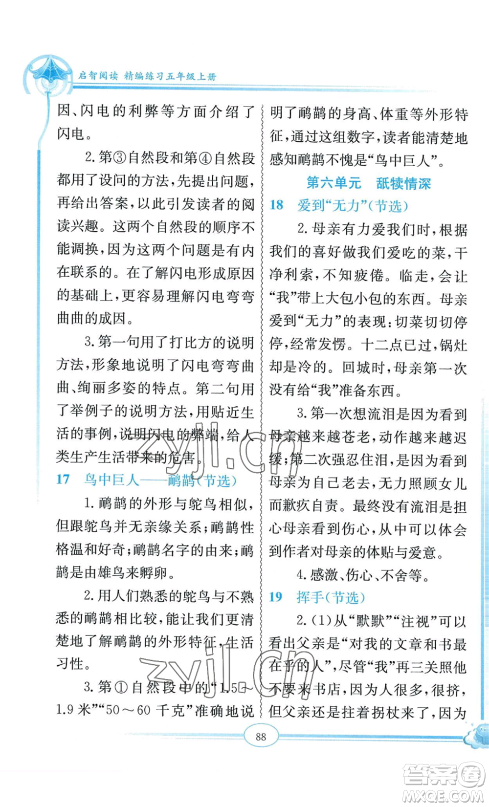 延邊教育出版社2022啟智閱讀精編練習五年級上冊人教版參考答案