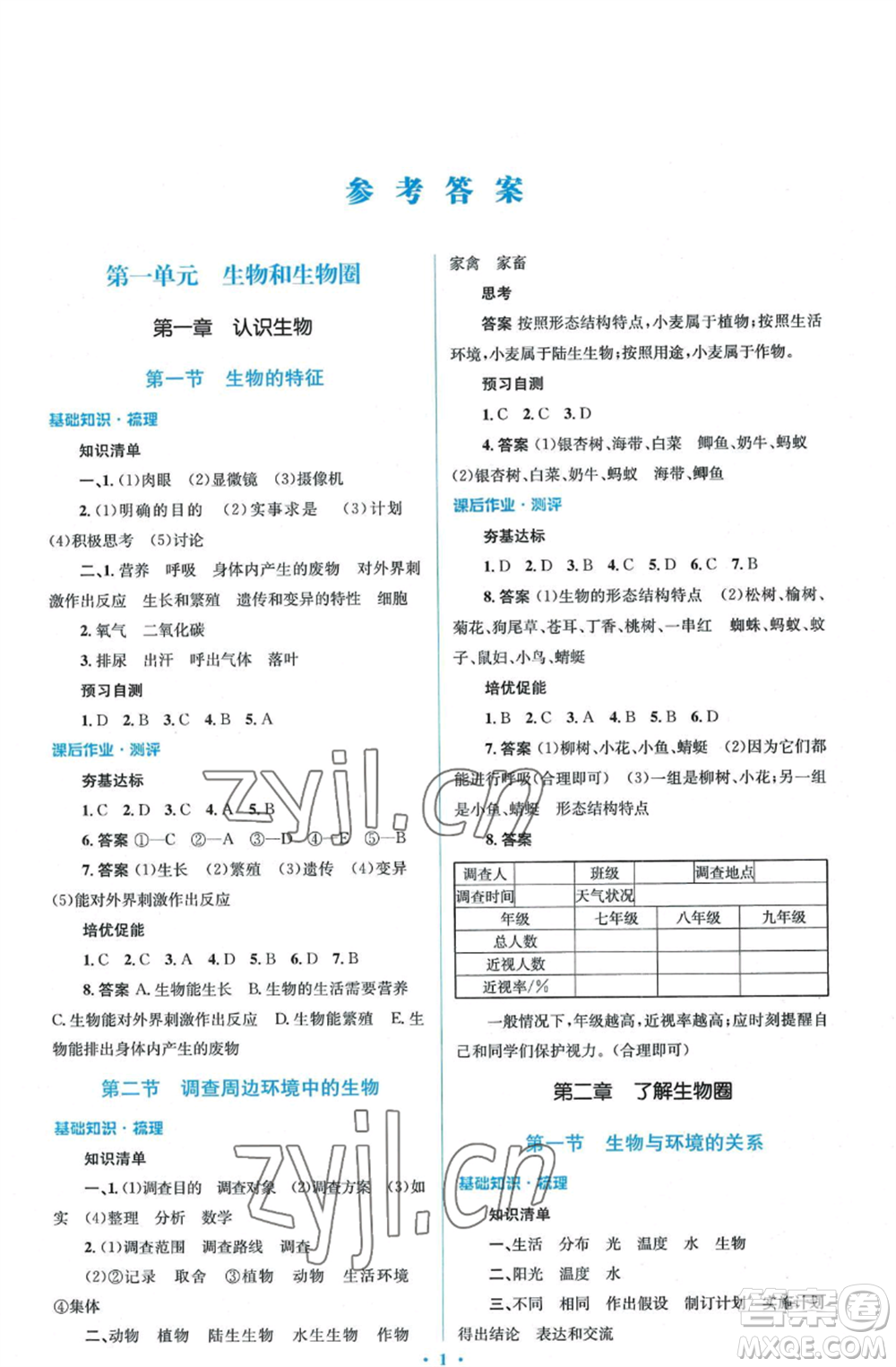 人民教育出版社2022人教金學典同步解析與測評學考練七年級上冊生物學人教版參考答案