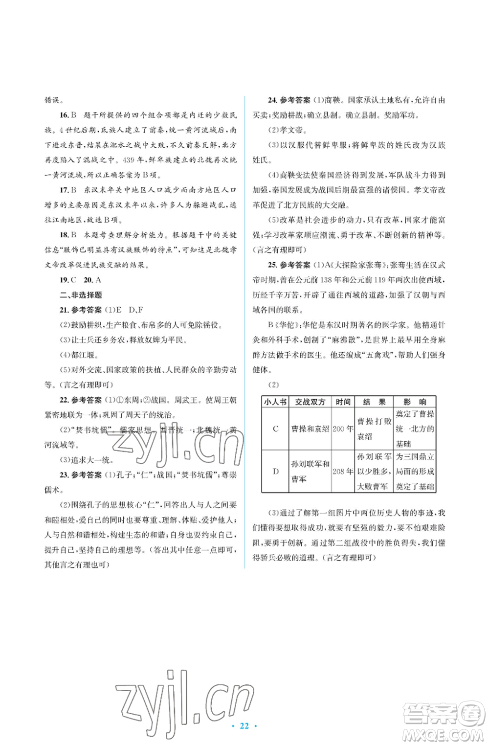 人民教育出版社2022人教金學典同步解析與測評學考練七年級上冊中國歷史人教版江蘇專版參考答案