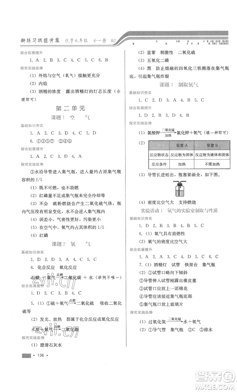 河北少年兒童出版社2022新練習(xí)鞏固方案九年級化學(xué)人教版參考答案