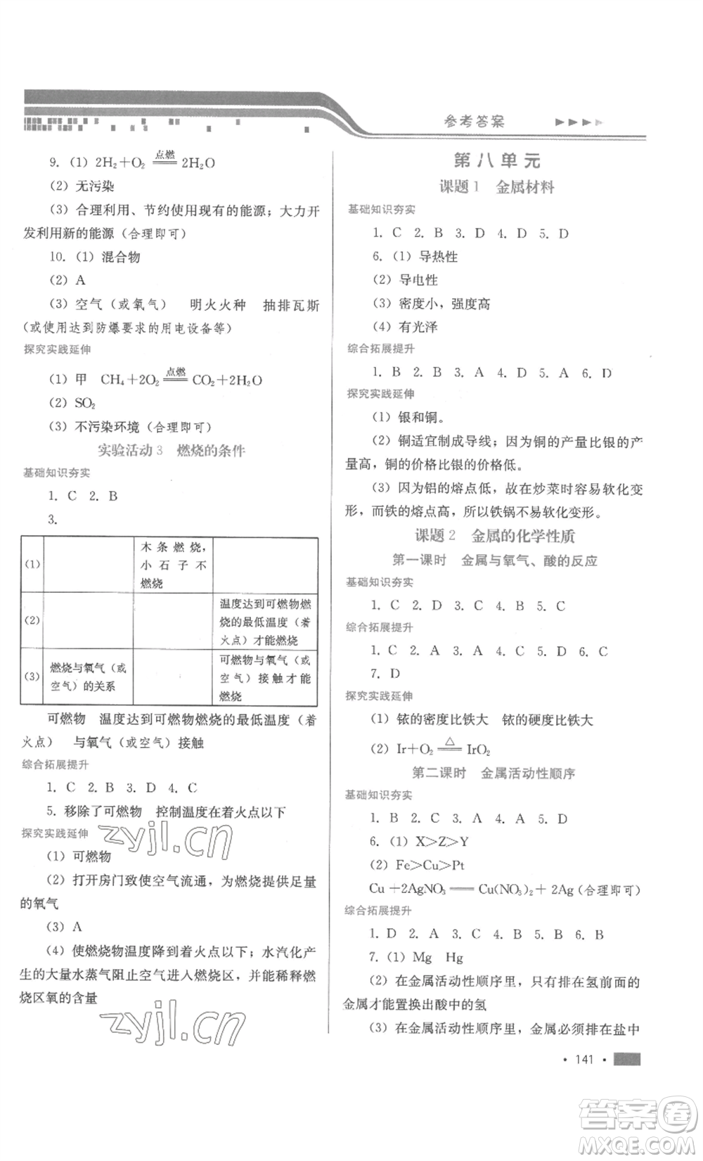 河北少年兒童出版社2022新練習(xí)鞏固方案九年級化學(xué)人教版參考答案