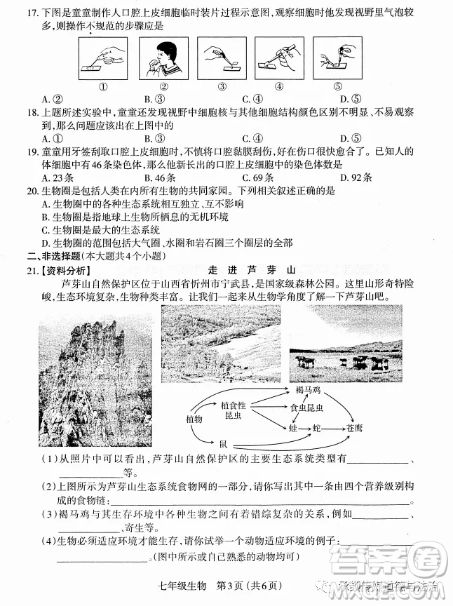 太原市2022-2023學年第一學期七年級期中質(zhì)量檢測生物試卷答案