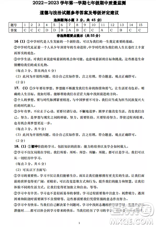 太原市2022-2023學(xué)年第一學(xué)期七年級(jí)期中質(zhì)量檢測(cè)道德與法治試卷答案