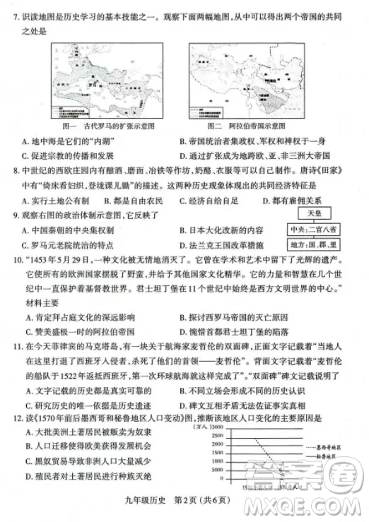 太原市2022-2023學年第一學期九年級期中質量檢測歷史試卷答案