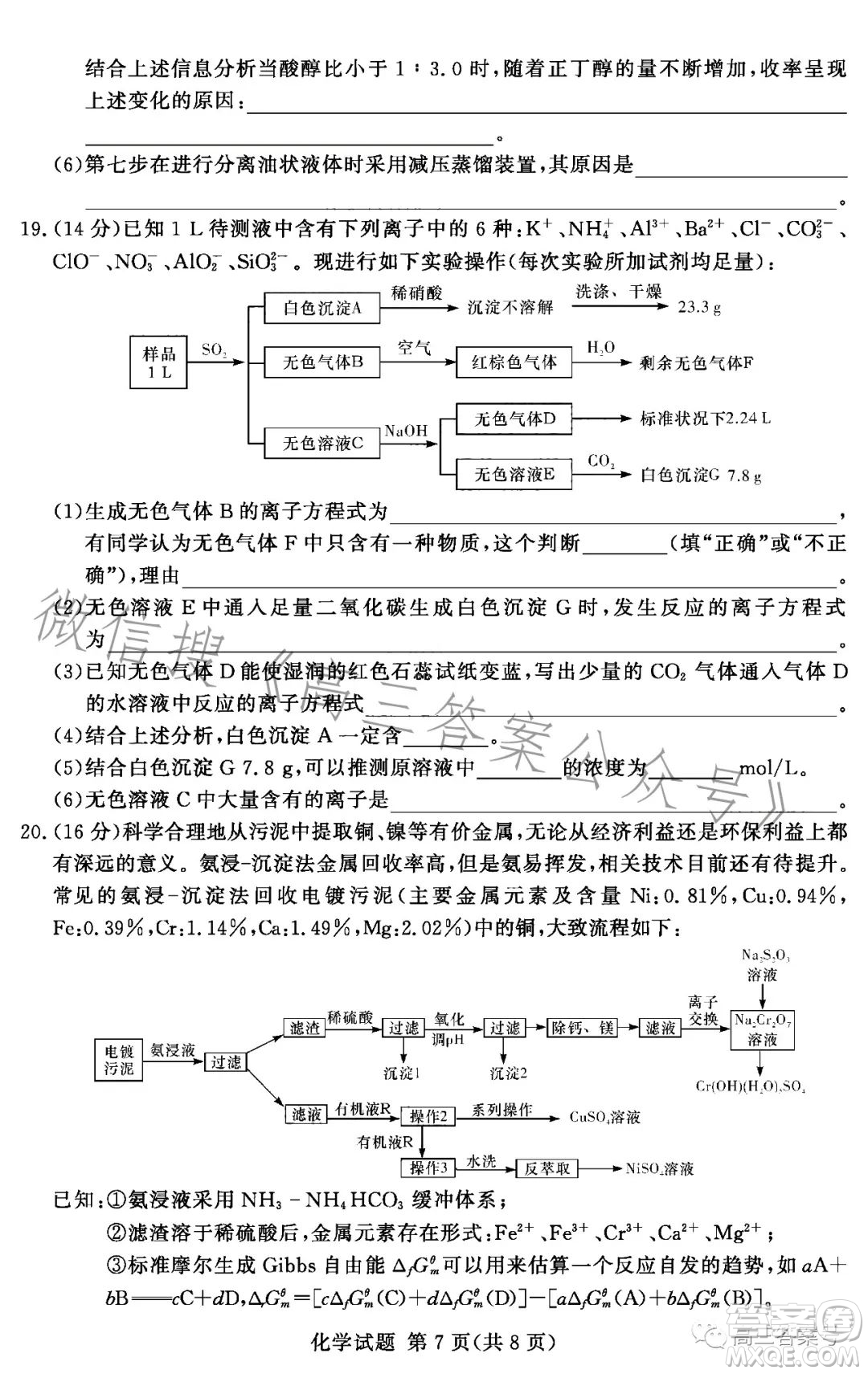 湘豫名校聯(lián)考2022年11月高三一輪復(fù)習(xí)診斷考試二化學(xué)試卷答案