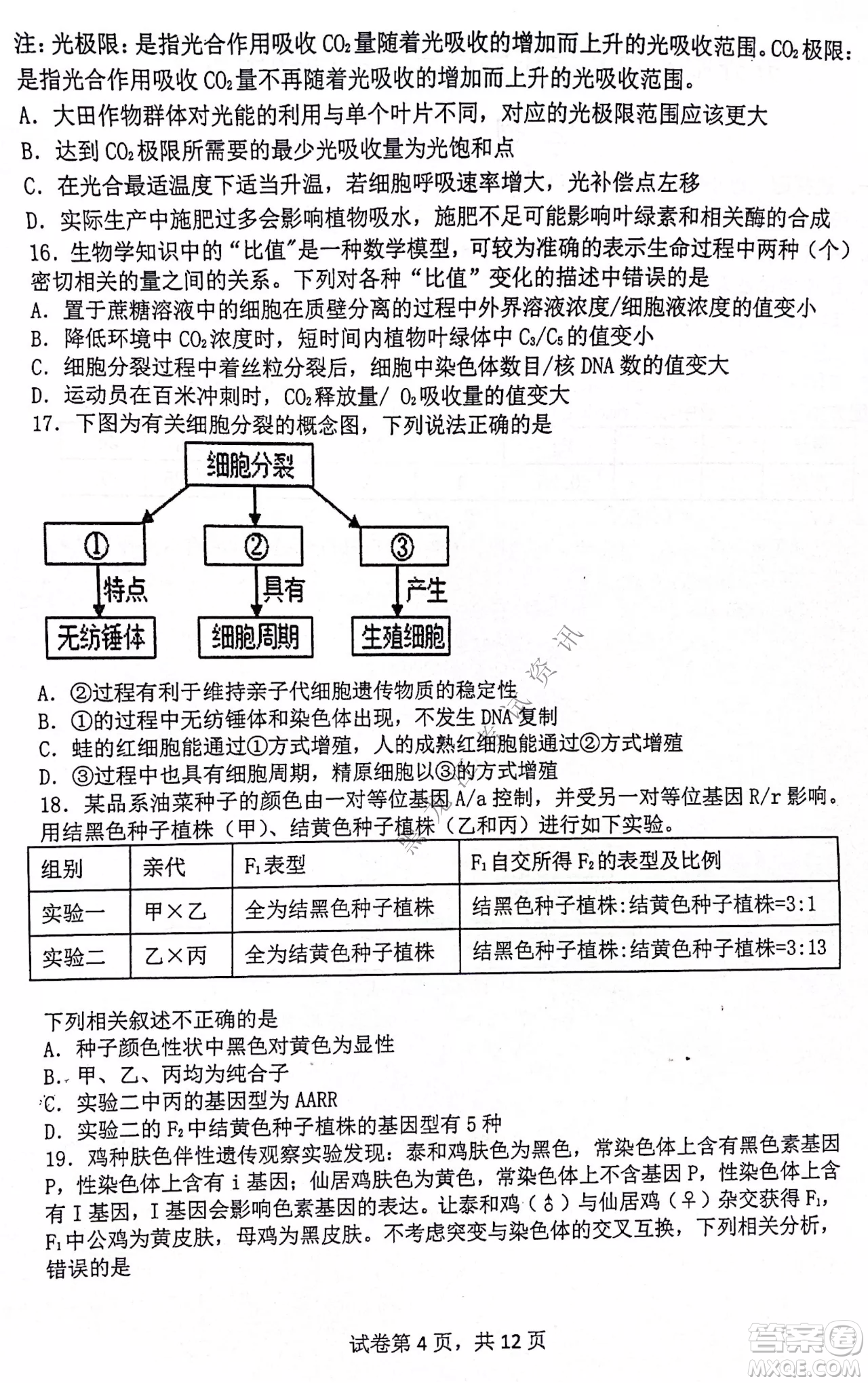 齊齊哈爾市部分地區(qū)高三上學(xué)期期中考試生物試題答案