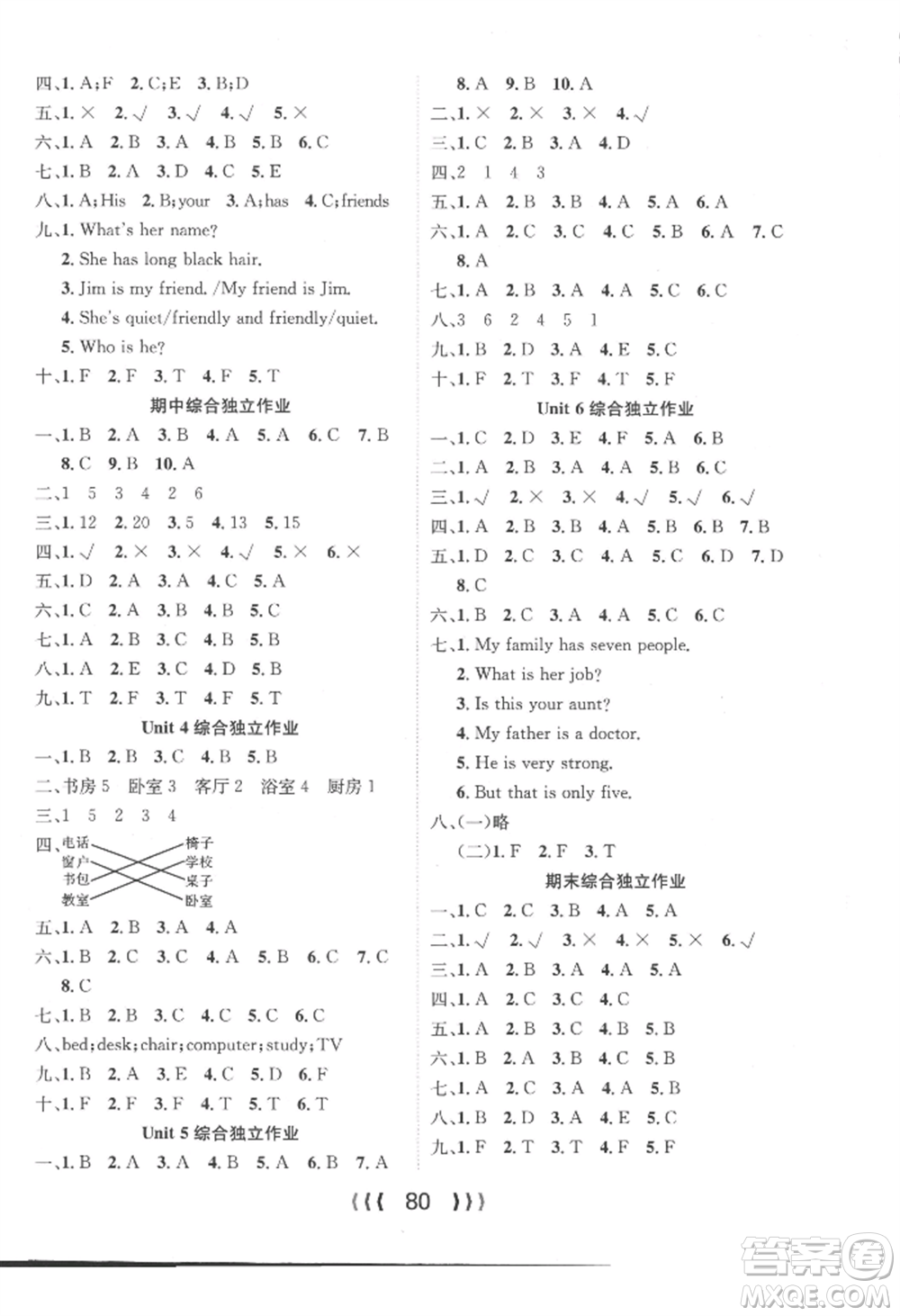 長(zhǎng)江少年兒童出版社2022優(yōu)質(zhì)課堂導(dǎo)學(xué)案四年級(jí)上冊(cè)英語人教版參考答案