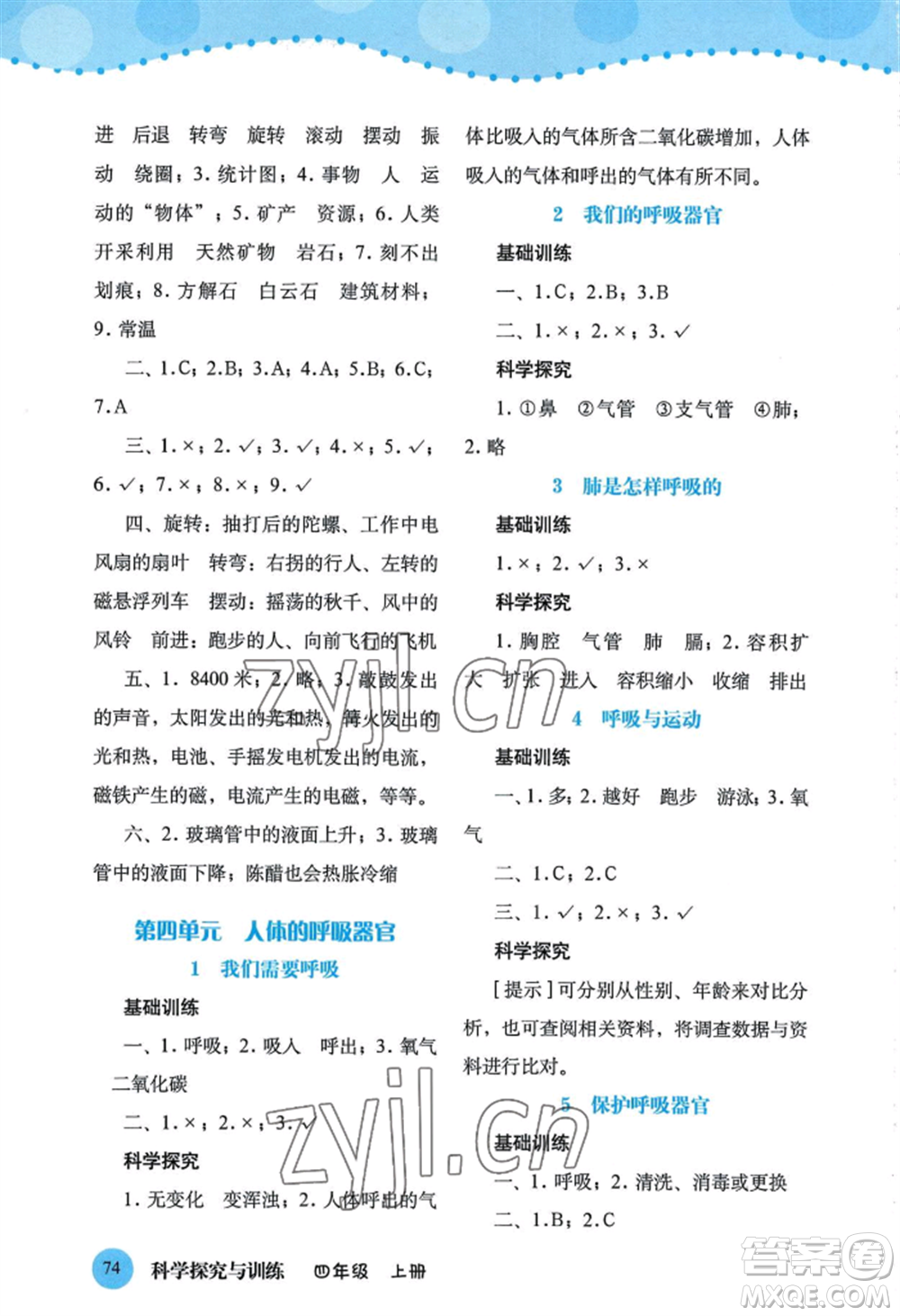 大象出版社2022科學(xué)探究與訓(xùn)練四年級上冊通用版參考答案