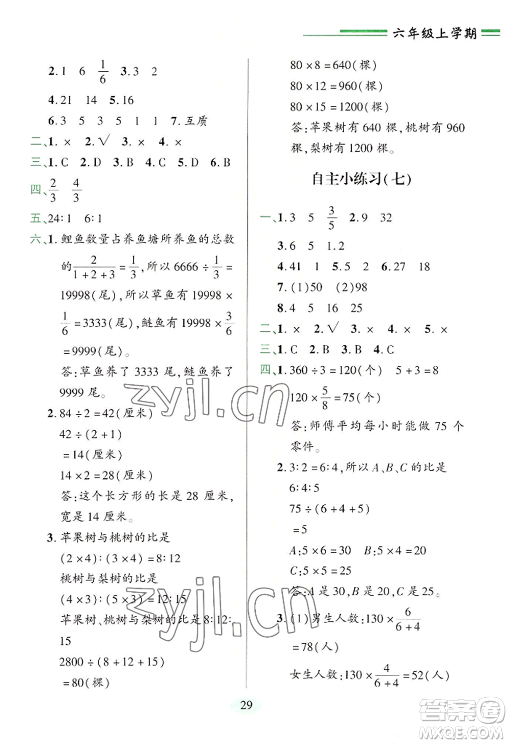 青島出版社2022新課堂學(xué)習(xí)與探究六年級(jí)上冊(cè)數(shù)學(xué)人教版參考答案