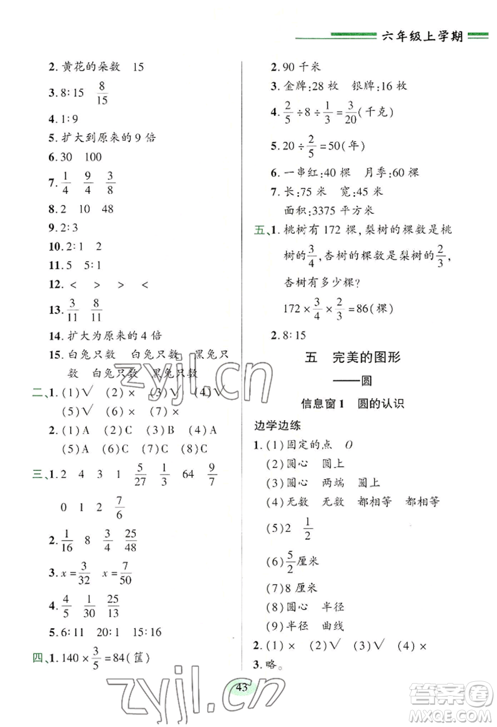 青島出版社2022新課堂學(xué)習(xí)與探究六年級(jí)上冊(cè)數(shù)學(xué)人教版參考答案