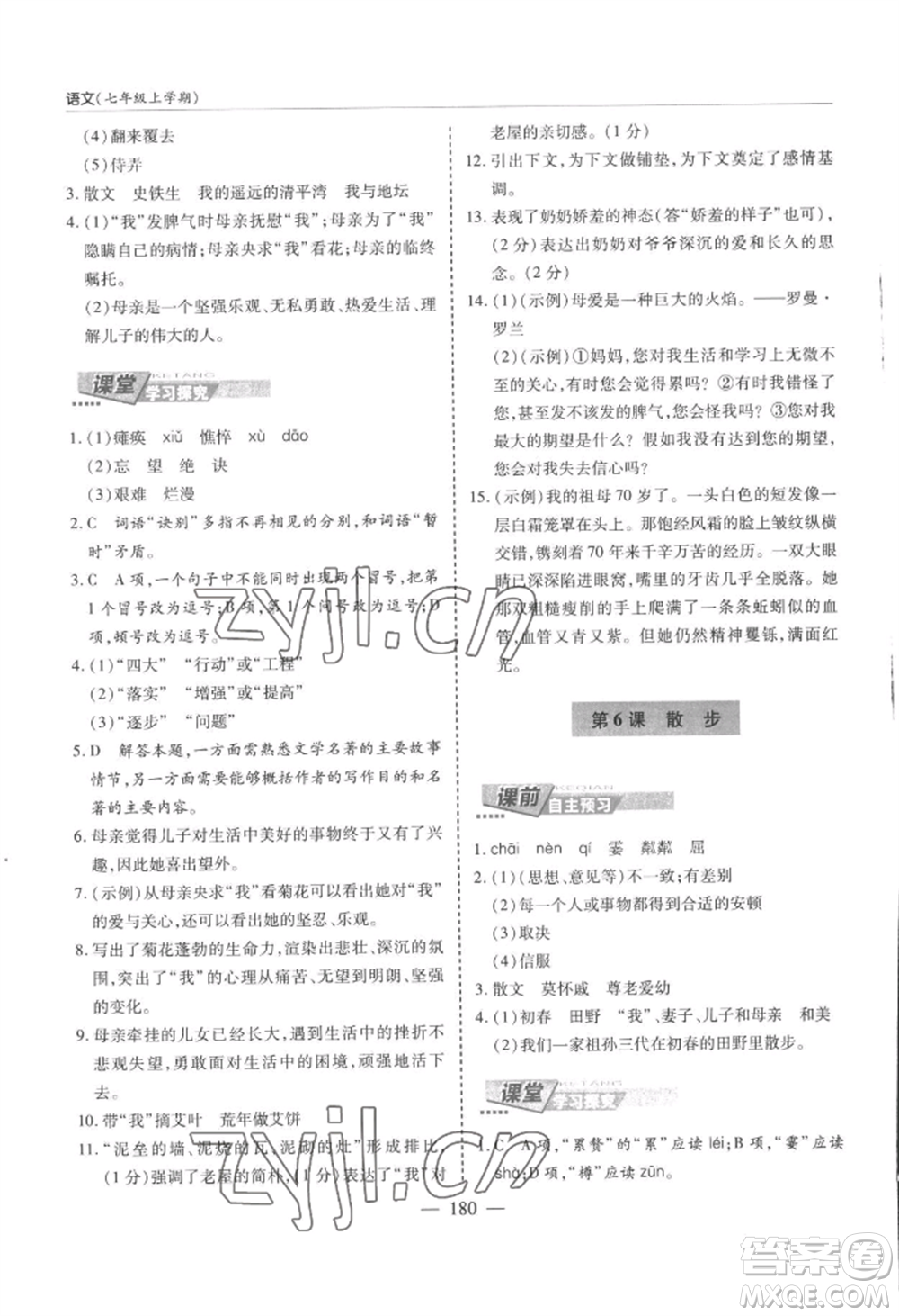 青島出版社2022新課堂學(xué)習(xí)與探究七年級上冊語文人教版參考答案